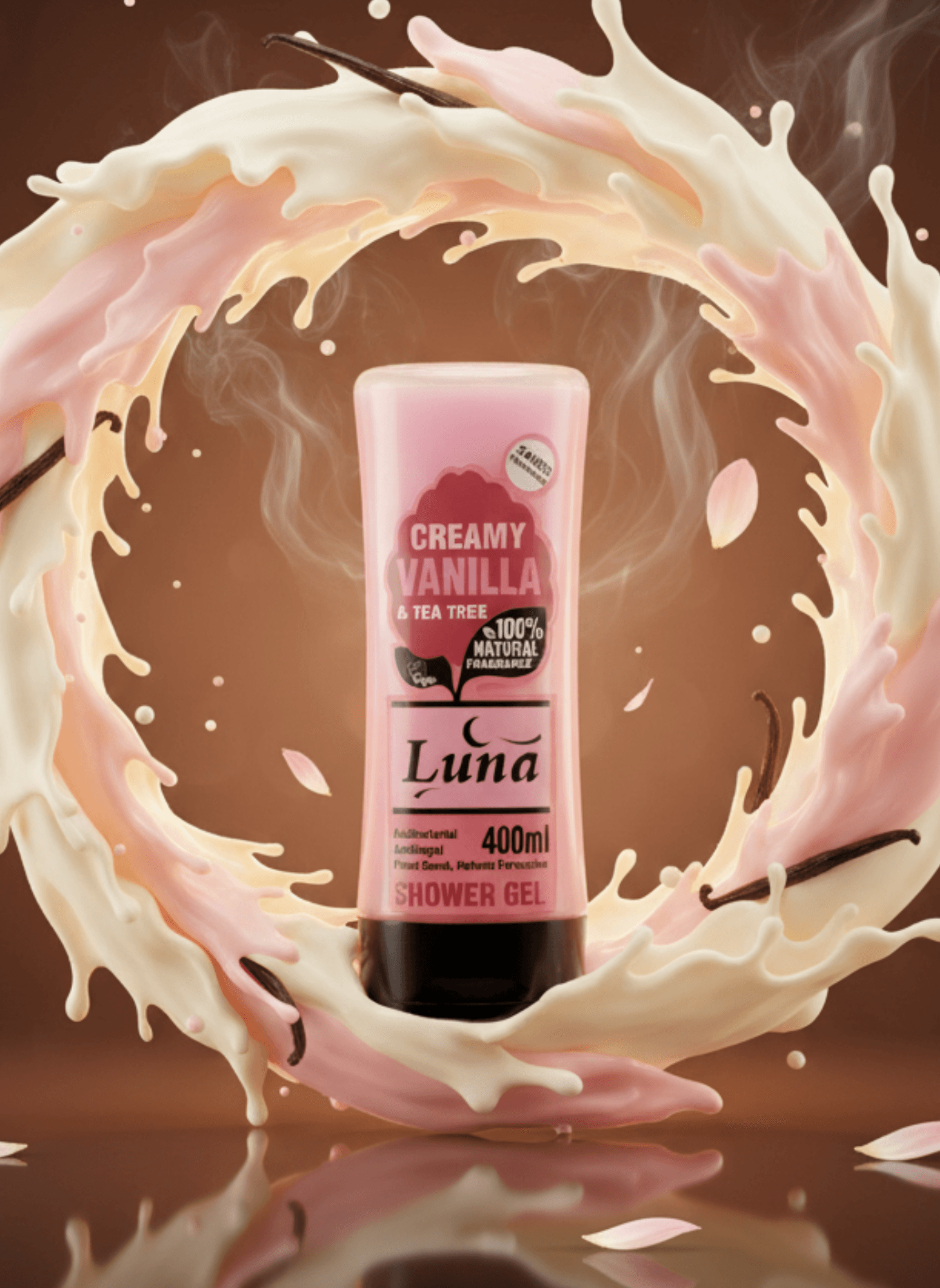 Experience the natural power of LUNA's Creamy Vanilla & Tea Tree Essential Oil in every wash. Known for its potent antibacterial and antifungal properties. It helps fight acne, prevent skin infections and soothe irritations and redness. This purifying gel deeply cleanses your skin and scalp without stripping away moisture, leaving you feeling refreshed and protected. Its fresh, deodorizing scent keeps you confident all day, while its healing and oil-balancing qualities support healthier, clearer skin. Ideal for daily use. LUNA CREAMY VANILLA & TEA TREE Shower Gel brings you nature's remedy in every drop.